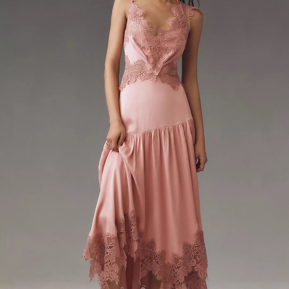 BHLDN Evelyn Lace V-Neck High-Low Midi Dress